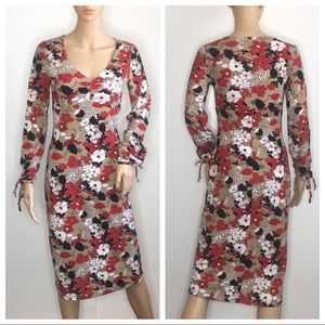 Floral V Neck Long Sleeve Form Fit Midi